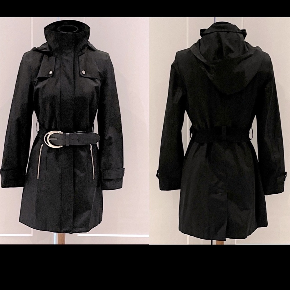 Belted Removable Hood Trench Jacket Coat - Size S